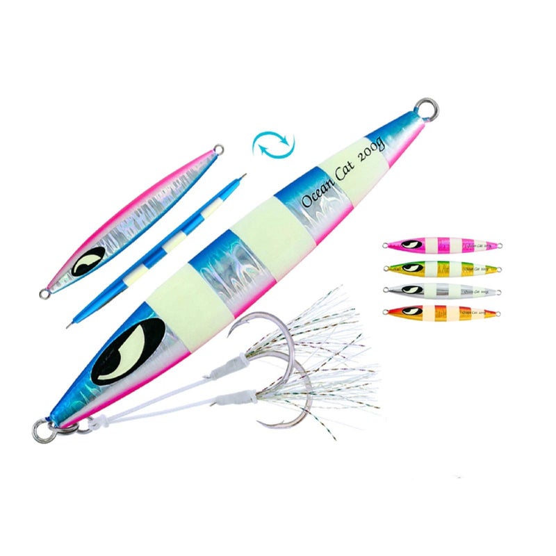 OCEAN CAT Slow Pitch Jig Flat Fall Jigs Saltwater Fishing Jig Vertical Baits with Glow Jig Hooks 60g/80g/150g/200g/250g 240lb (#008: Blue&Silver, 150g) - Image 1